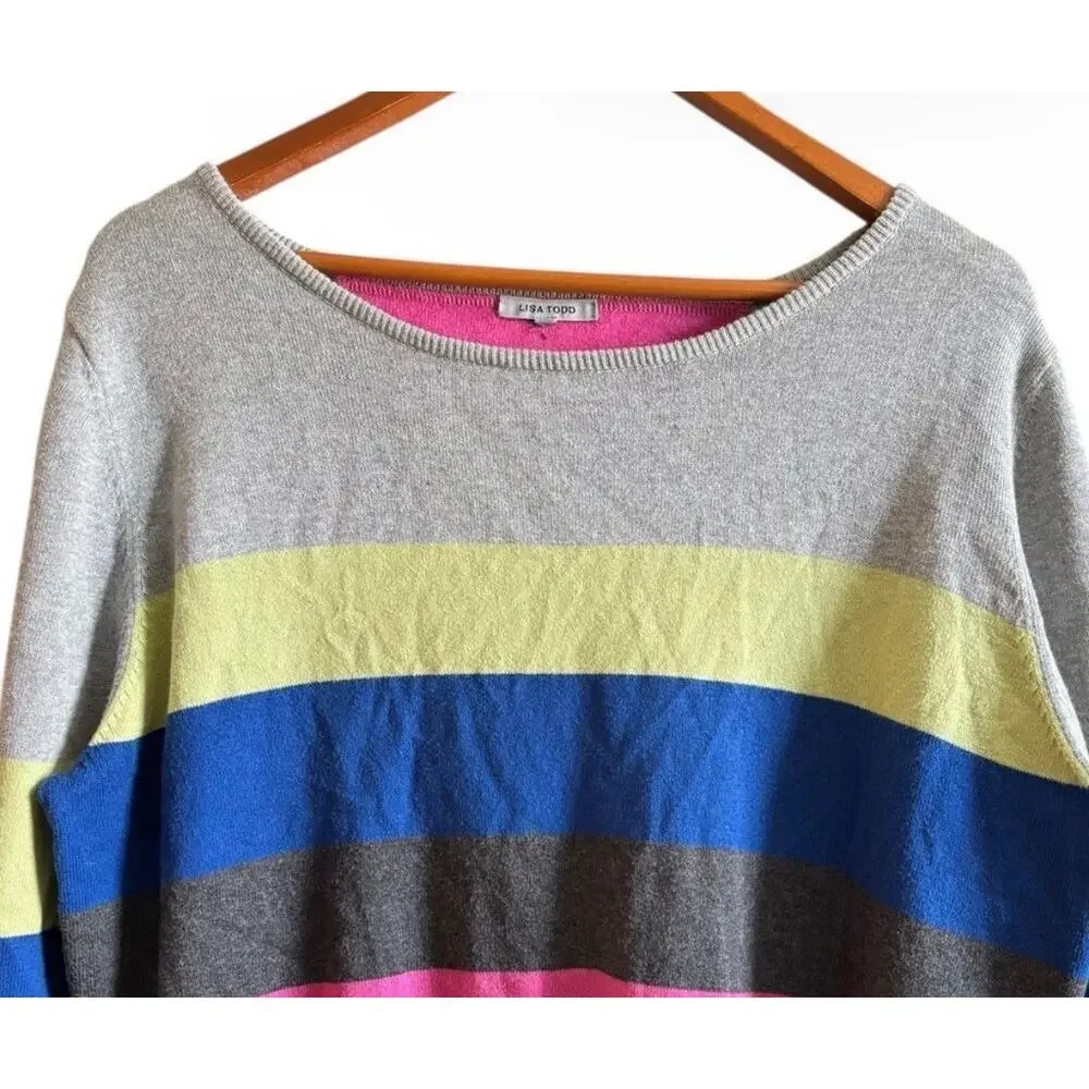 Lisa Todd Colorblock Cashmere Blend Sweater Gray Pink Blue Stripe Pullover M